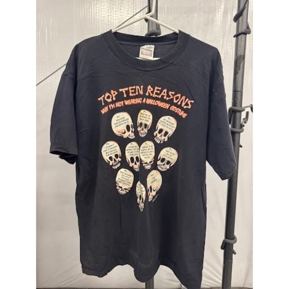 Vintage Tultex Halloween Top Ten Reasons Skulls T-Shirt XL Black Single Stitch